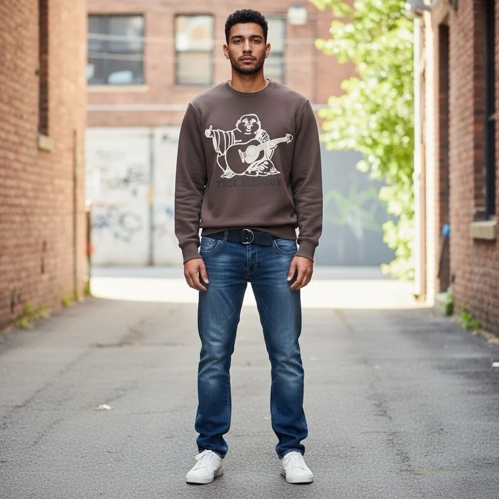 True Religion Buddha Embossed Graphic Brown Unisex Sm Crewneck Sweatshirt‎ 42